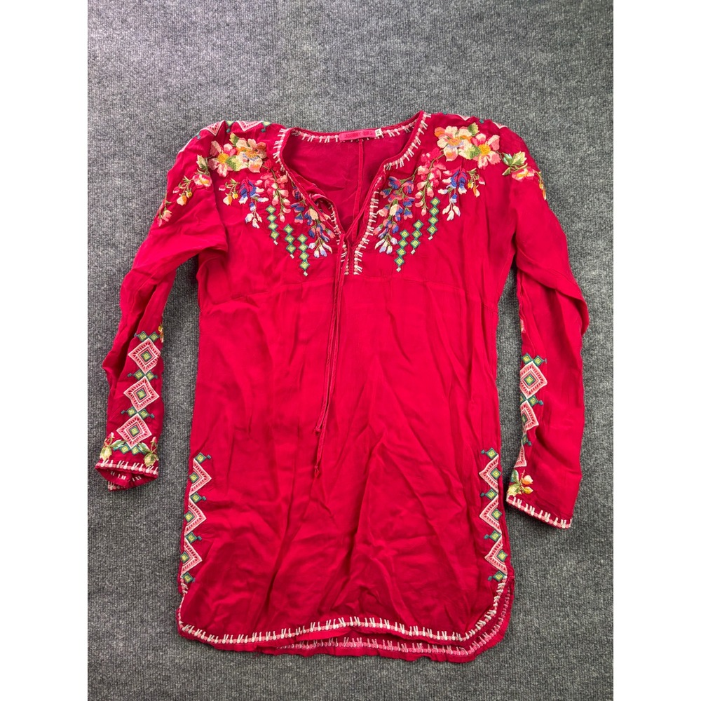 Johnny‎ Was Embroidered Vanessa Tunic Women XS Red Floral Boho Cupra Rayon